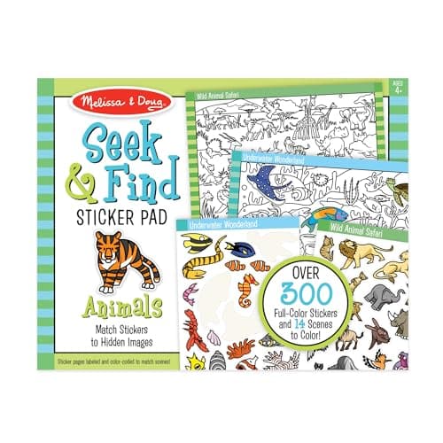 Bloc d'autocollants Melissa & Doug Seek & Find – Animaux, plus de 400 autocollants et 14 scènes à colorier, bloc d'activités d'autocollants Rechercher et trouver pour colorier et assortir,...
