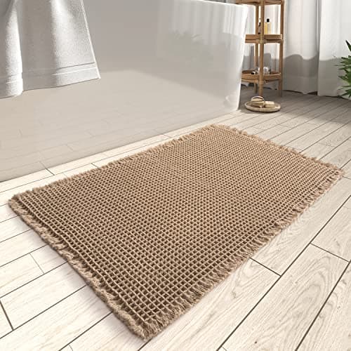 Rvolst Tapis de Bain Tapis pour Salle de Bain Tissé Gaufre Tapis de Salle de Bain Super Absorbant Lavable en Machine Antidérapant Ferme Boho Tapis de Salle de Bain 46x77 cm Marron