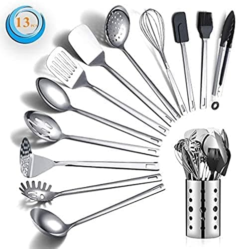 Stainless Steel Cooking Utensils Set, Berglander 13 Pieces Kitchen Utenisls Set, Kitchen Tools Set with Utensil Holder Non-Stick and Heat...