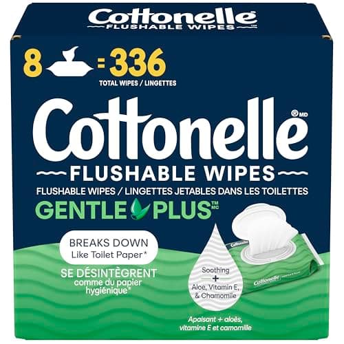 Cottonelle GentlePlus Flushable Wet Wipes with Aloe & Vitamin E, Adult Wet Wipes, 8 Flip-Top Packs, 42 Wipes per Pack (336 Total Flushable Wipes)
