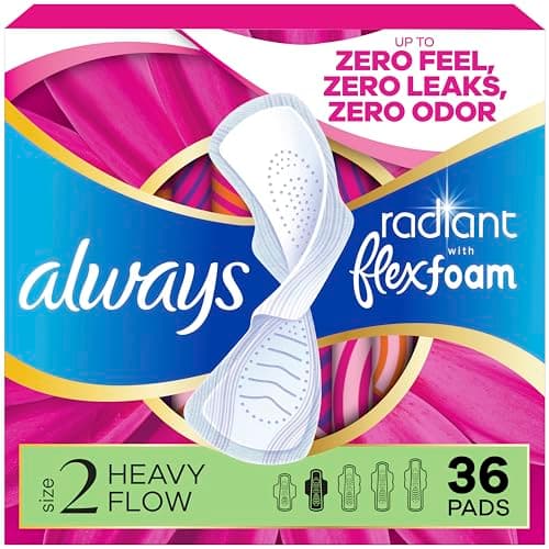 Always Radiant with FlexFoam Pads for Women, Size 2, Heavy Pad with Wings, Scented, 36 Count
