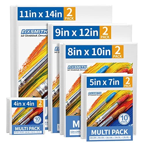 FIXSMITH Stretched Canvas for Painting- Multi Pack 4x4",5x7",8x10",9x12",11x14" (2 of Each),Set of 10,100% Cotton,Primed,for Acrylic,Oil,Other Wet...