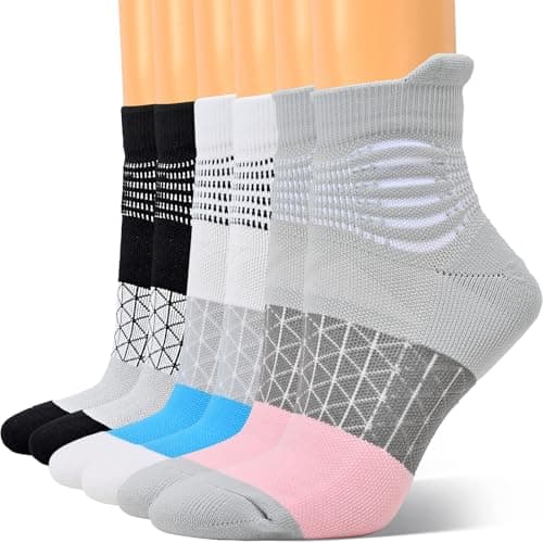 IRAMY Compression Ankle Support Socks Women Running Wicking Cushioned Athletic Plantar Fasciitis Relief 3 Pairs (Black+White+Grey Medium)