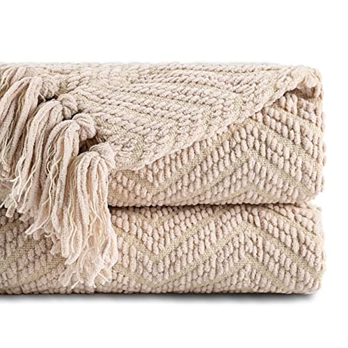 BATTILO HOME Beige Throw Blanket for Couch, Soft Warm Cozy Knitted Throw Blanket with Tassels, Zig Zag Sofa Blanket Bed Throw for Living Room All...