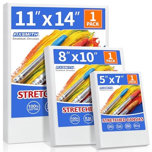FIXSMITH Stretched Canvas for Painting, 3 Pre-Primed Canvases: 5x7, 8x10, 11x14, White Cotton & Pine Wood, Acrylic, Oil, Tempera, Gouache Compatible