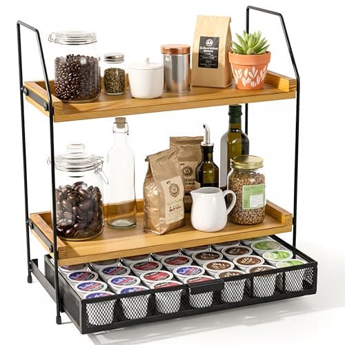 Krbnk Coffee Bar Organizer Station | 2-Tier Wooden Shelf with Drawer for K-Cup & Nespresso Pod Storage,Coffee Bar Accessories and Coffee Pod Holder...
