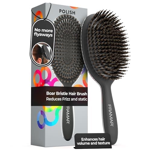 FRAMAR Black Boar Bristle Hair Brush - Natural Bristle Brush For Fine Hair, Boar Brush For Slicking Back Hair, Hair Brush For Women, Slick Back...