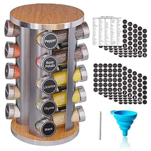 Revolving Spice Rack Set with 20 Spice Jars, Kitchen Spice Tower Organizer for Countertop or Cabinet -- Carousel Storage Includes 386 Spice Labels...