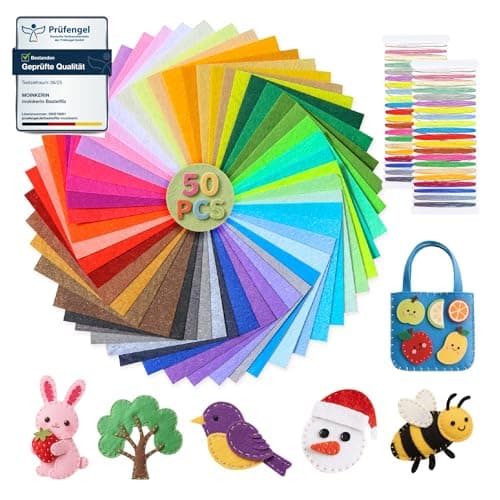 moinkerin 50Pcs Felt Fabric Sheets with Thread 10X10cm (4"x4") Crafting Felt 1mm Stiff Felt Colored Assorted Felt Squares Polyester Fabric for DIY...