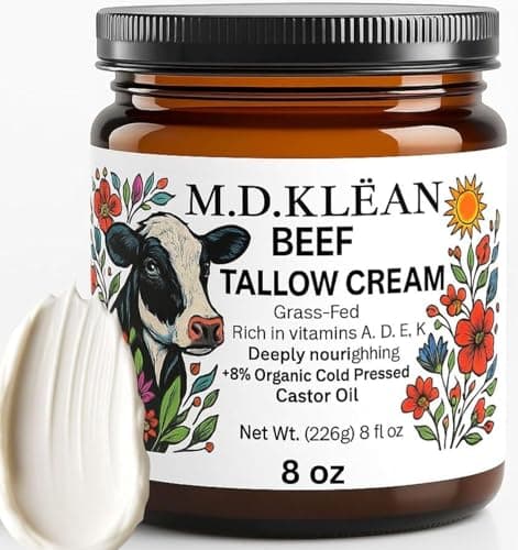 Beef Tallow Skincare FaceCream (8 OZ) Whipped With Castor Oil and Frankincense Glass Jar, Grass Fed Natural Moisturizer for Dry and Sensitive Skin,...