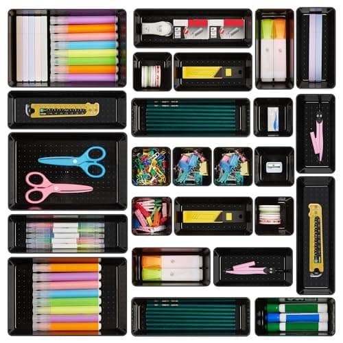 Vtopmart 25 PCS Office Desk Drawer Organizers Set, 4-Size Versatile Plastic Drawer Organizer Trays, Storage Bins for Desk Accessories Office...