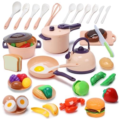 CUTE STONE 51-Piece Mini Kids Kitchen Accessories, Toddler Pretend Cooking Set with Pots, Pans, Utensils, Cuttable Play Food, Learning Gift for...
