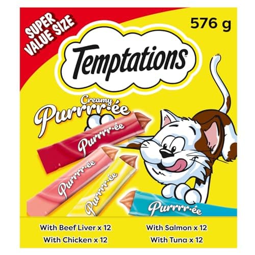 Temptations Creamy Puree Adult Lickable Cat Treats with Beef Liver, & Salmon, & Chicken & Tuna Variety Pack, 48 Pouches, 576g