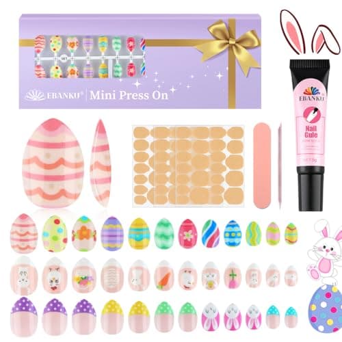 EBANKU 72 pièces presse sur ongles enfants, paquet de 3 Pâques Kit de faux ongles pour enfants couverture complète faux ongles courts avec colle à ongles outils à ongles pour fille ongles...