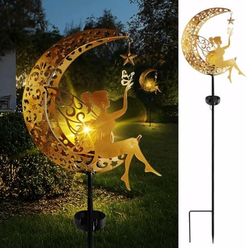 Fohil Solar Garden Lights Outdoor, Metal Fairy Moon Glass Globe Pathway Stake Solar Light Decor, Waterproof Solar Decorative Lights for Garden,...