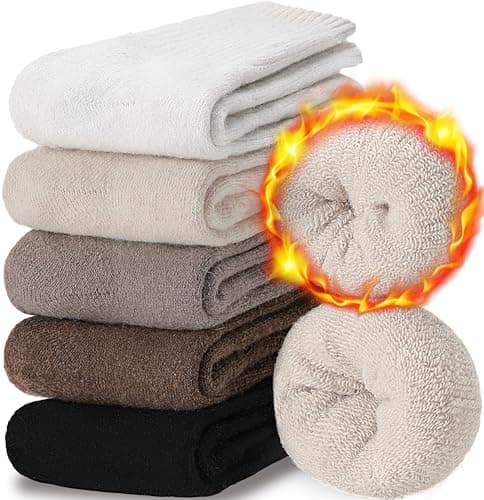 Chaussettes en laine mérinos pour femme, chaudes, thermiques, épaisses, pour randonnée, confortables et confortables, cadeaux pour femme, 5 paires (noir/kaki/beige/blanc)