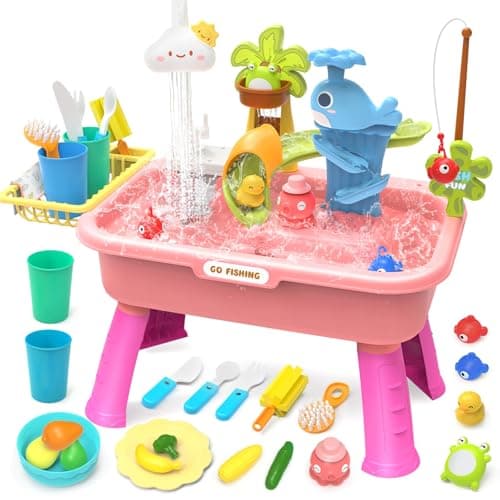 Évier de jeu de 21 po de hauteur avec eau courante, jouet d'évier de cuisine pour enfants 4 en 1 avec robinet électrique, mini table à eau avec pieds amovibles, jeu de pêche, faire semblant...