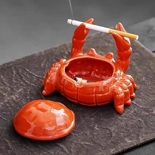 YYFWND Cute Ashtray With Lid, Ceramic Crab Cigar Cigarettes Ash Tray, Windproof Tabletop Ashtrays Outdoor, Smoking Holder Smokeless Indoor, Funny...