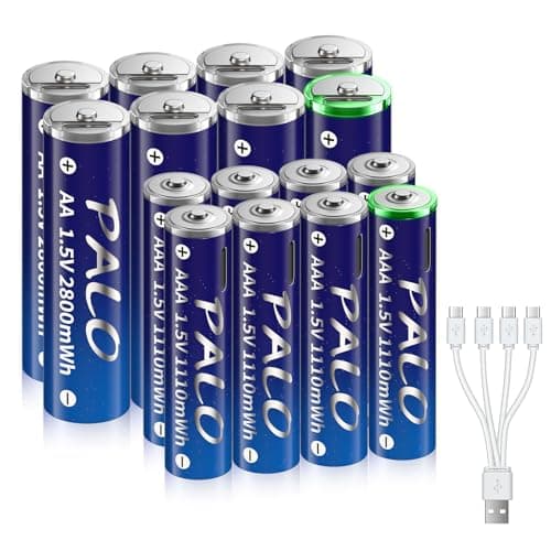 Rechargeable AA AAA USB Batteries Combo - 8 Pack AA and 8 Pack AAA Lithium USB Battery Set with 4 in 1 Type-C Charging Cable (Battery Storage Case...