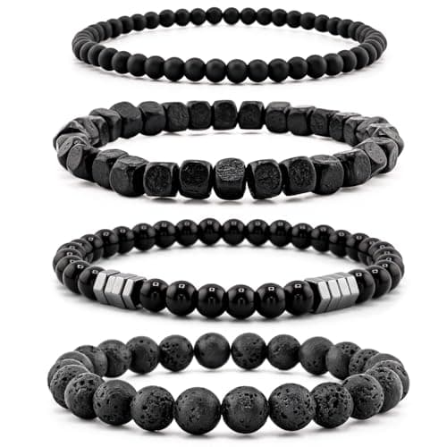 4Pcs Bracelet 6mm Natural Stretch Adjustable Beaded Bracelets for Men (F03 Black Agate, One Size)