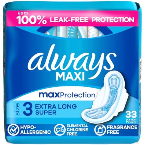 Always Maxi Pads for Women, Pad with Wings, Extra Long Super Absorbency, Size 3, Unscented, 33 Count