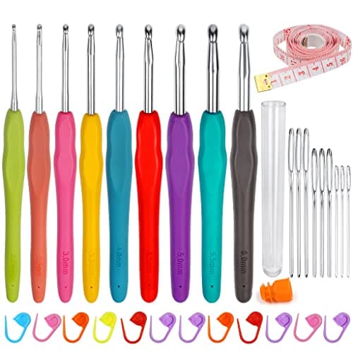 31PCS Crochet Hooks Set, including 9 PCS Aluminum Knitting Needles Kit Ergonomic Soft Grip Handle for Arthritic Hands with Measuring Tape Stitch...