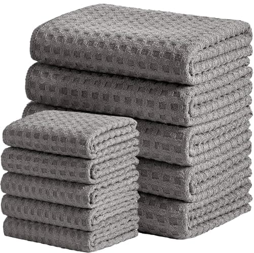 Vnoss Waffle Weave Microfiber Kitchen Towels and Dishcloths Set, 26 X 18 Inch and 12 X 12 Inch, Set of 10 Gray Lint Free Dish Towels for Drying Dishes