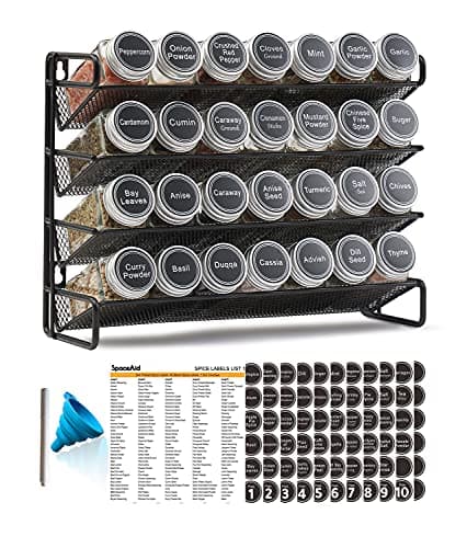 SpaceAid Spice Rack Organizer with 28 Spice Jars, 386 Spice Labels, Chalk Marker and Funnel Set for Cabinet, Countertop, Pantry, Cupboard or Door &...
