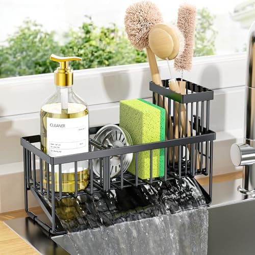 Cisily Kitchen Sink Caddy Organzier with High Brush Holder, Sponge Holder for Sink, 304 Rustproof Stainless, Kitchen Countertop Soap Dispenser...