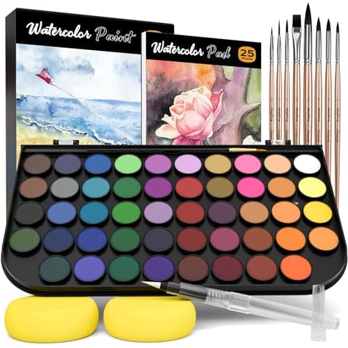 Nicpro Watercolor Paint Set, 48 Water Colors Kit with 8 Squirrel Brushes, Palette, Watercolor Pen, 25 Art Pad Paper, 2 Art Sponges, Non-toxic...