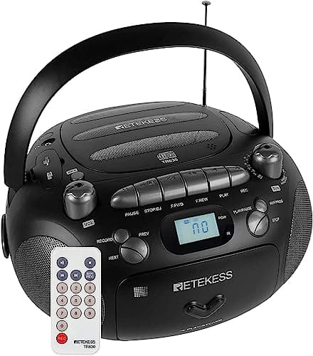 Retekess TR630 Lecteur CD et cassette portable, radio AM FM Boombox, prise en charge du son stéréo, avec enregistrement, port USB, lecture MP3 (noir)