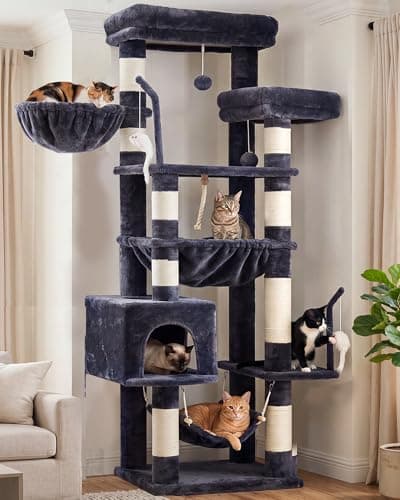 Gitelsnour Cat Tree, Cat Tower for Large Cats with 2 Big Platforms, 2 Baskets, condo and Toys, 63" Cat Scratching Posts for Indoor Cats, Smoky Gray...
