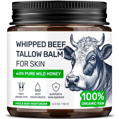 Beef Tallow Face Cream – Grass Fed Whipped Tallow and Honey Balm for Skin, Body Moisturizer with Beeswax and Wild Honey, 3-Ingredient Fragrance...