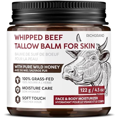 Beef Tallow Face Cream, Whipped Tallow and Honey Balm for Face and Body, Grass Fed Natural Skincare Moisturizer for Dry and Sensitive Skin,...