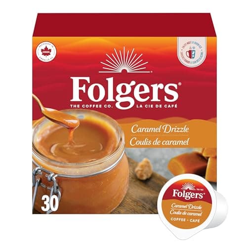 Dosettes de café torréfié légèrement aromatisées Folgers Caramel Drizzle, dosettes d'une tasse à portion individuelle à base de grains d'Arabica pour boissons chaudes ou glacées, 30 unités (paquet...