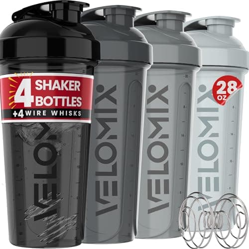 VELOMIX -4 PACK- 28 oz Protein Shaker Bottle for Protein Mixes - 4x Wire Whisk | Leak Proof Shaker Cups for Protein Shakes | Protein Shaker Bottle...