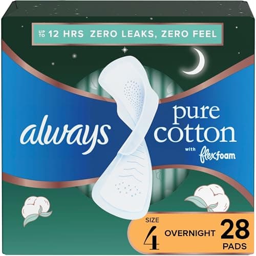 Always Pure Cotton FlexFoam Pads for Women, Size 4, Overnight Pad with Wings, Unscented, 28 Count