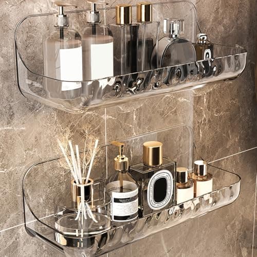 2 Pack Bathroom Shelves with 4 Pack Strong Adhesive Acrylic No Drill Shelf Stick on Wall Organizer Mounted Storage Shower Caddy Washroom...