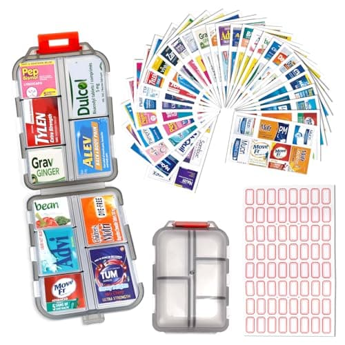 BBKON DIY Travel Pill Organizer with 260 Labels, 10 Compartments Pocket Pharmacy with Medicine Labels, Portable Daily Medication Container Case for...