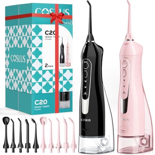 COSLUS C20 2 Pack Water Teeth Flosser: 300ML Portable Flossers for Tooth Cleaning,Cordless Rechargeable Floss Combo Pack with 10 Tips for Family...