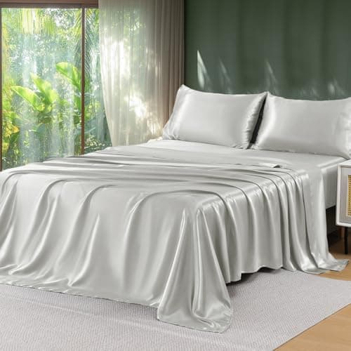 Sasttie Satin Sheets Queen - 4 Pieces Luxury Soft Light Grey Silky Bed Sheets Set with Pillowcases - Smooth Silk-Like Drap Satin Fabric, Reinforced...