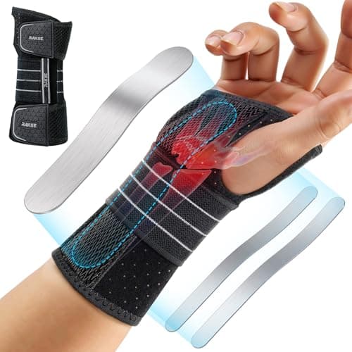 Rakiie Carpal Tunnel Wrist Brace, Adjustable Night Wrist Support with 3 Metal Splints, Hand Brace for Men Women No Pressure on Thumb, Splint...