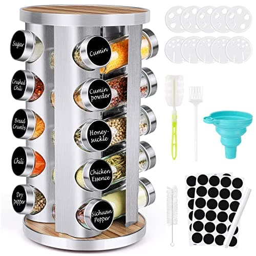 Spice Rack Organizer with Jars for Cabinet (20Pcs) Revolving/Rotating Seasoning Organizer, Stainless Steel/Wooden Countertop Rack Tower Organizer...