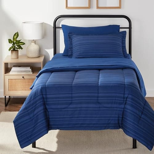Amazon Basics Lightweight Microfiber Bed-in-a-Bag Comforter Soft Twin Bed Bedding Set with Shams, 5-Piece, Twin/Twin XL, Blue Calvin Striped