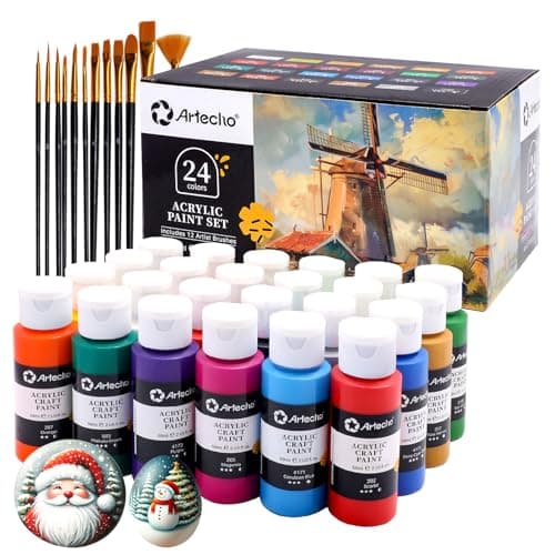 Artecho Acrylic Paint Set 24 Colors 2oz/59ml with 12 Brushes, Art Supplies
