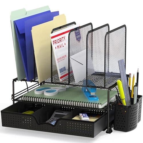SimpleHouseware Desk File Organizer for Office Stationery with Sliding Drawer, Double Tray, Pencil Holder, and 5 Upright Sections, Black