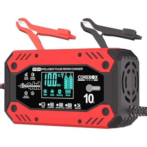 COREBOX Battery Charger 10-Amp 12V/24V- Fully Automatic Car Battery Charger- Trickle Charger, Chargeur Intelligent, Battery Maintainer with...