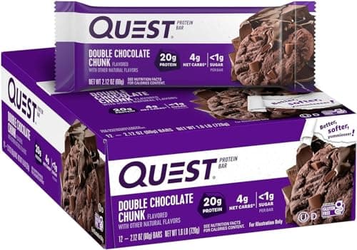 Quest Nutrition Double Chocolate Chunk Protein Bar, High Protein, High Fibre, Low Sugar, Keto Friendly, 20g Protein, 1g Sugar, 12ct