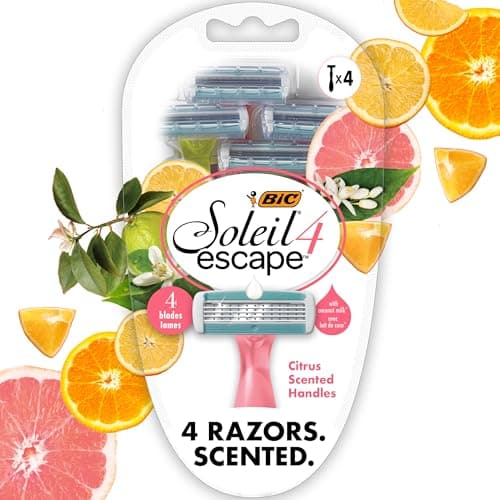 BIC Soleil 4 Escape Women's Disposable 4-Blade Razors, Citrus Scented Handle, Coconut Milk Strip, University Residence Room Essentials, 4-Pack