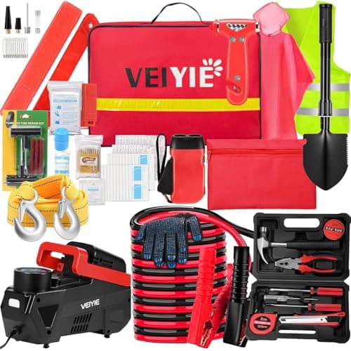 Roadside Emergency car kits for Vehicles, 12 PCS Car Safety Kit with Jumper Cables, Portable Air Compressor, Tow Strap, Tool Kit, Road Trip...